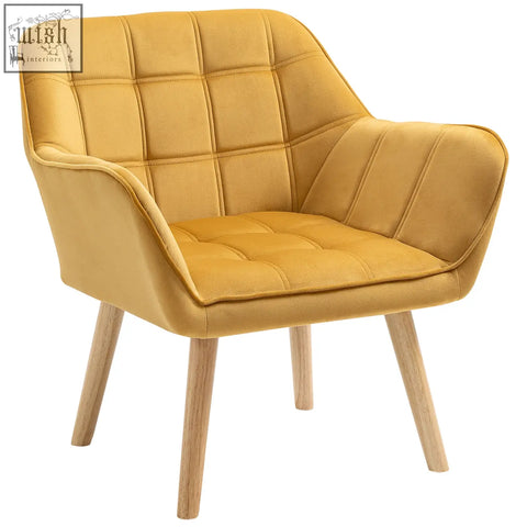 A mustard-yellow HOMCOM modern armchair with velvet-feel upholstery wide arms and rubber wood legs for living room