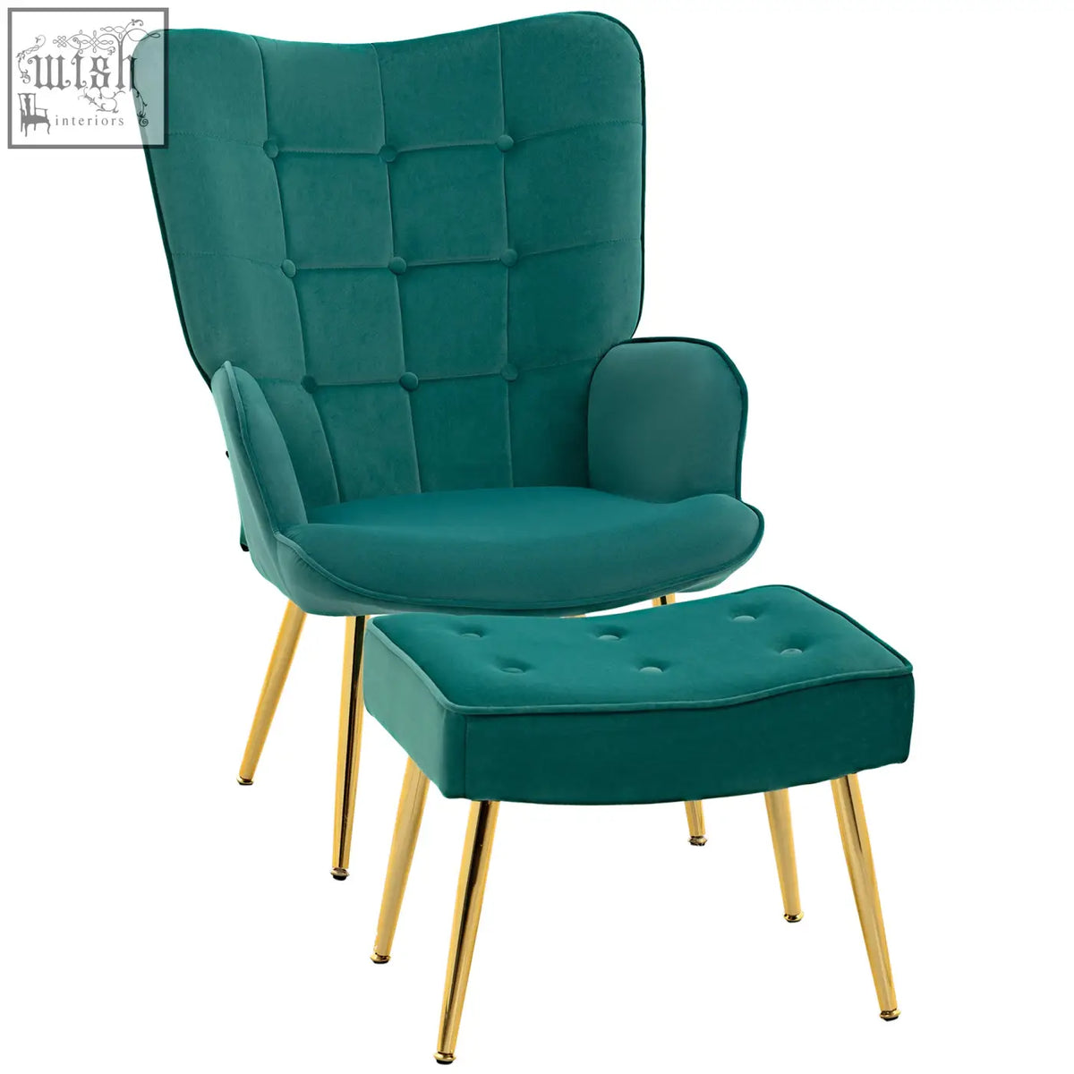 Teal velvet armchair with tufted back and padded seat, gold coloured steel legs, and matching ottoman for living room