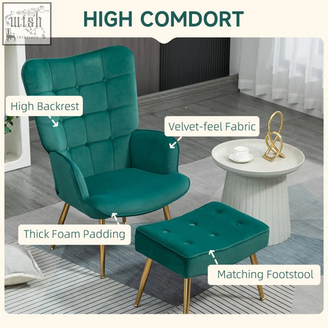 Homcom dark green velvet armchair with padded seat gold coloured metal legs and matching footstool for living room