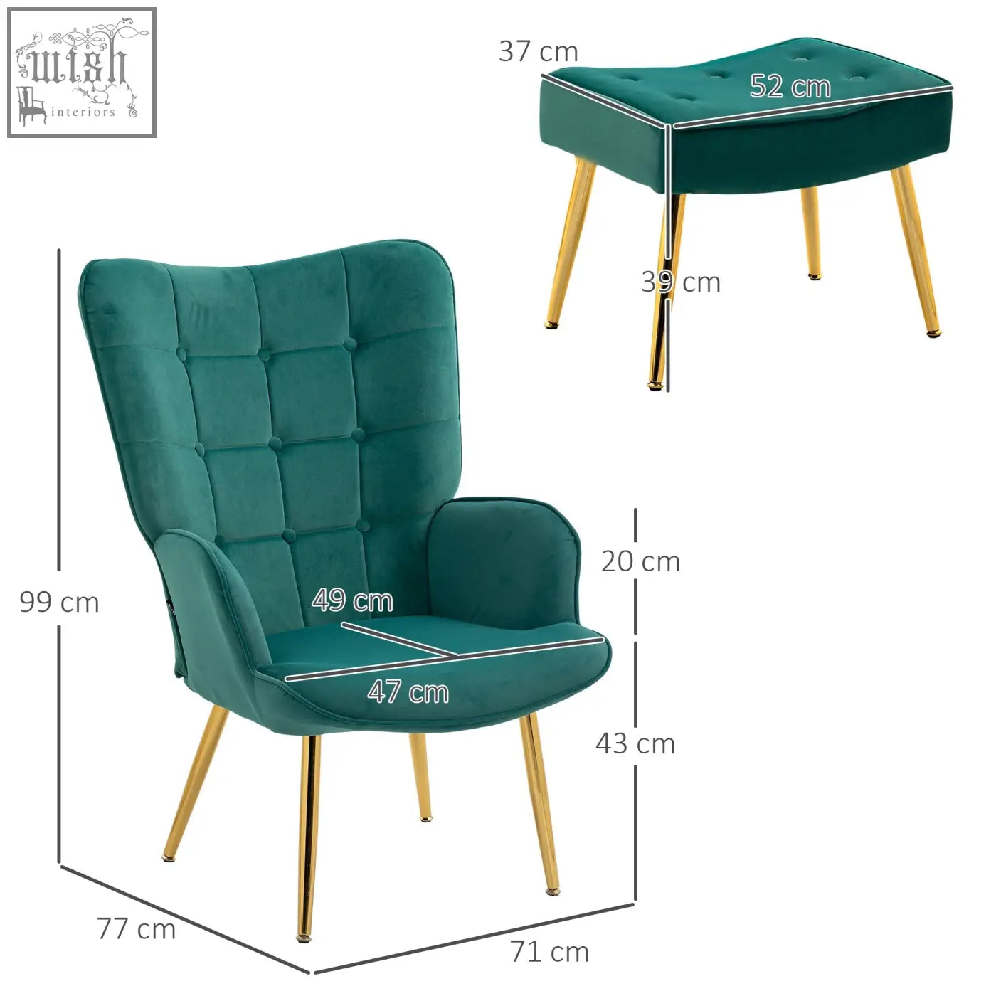 Teal velvet wingback armchair with padded seat and gold coloured steel legs for living room and bedroom use