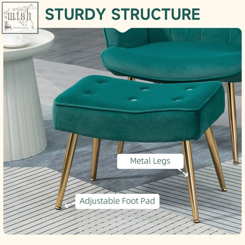 Dark green velvet ottoman with padded seat gold coloured metal legs and adjustable foot pad for modern living rooms