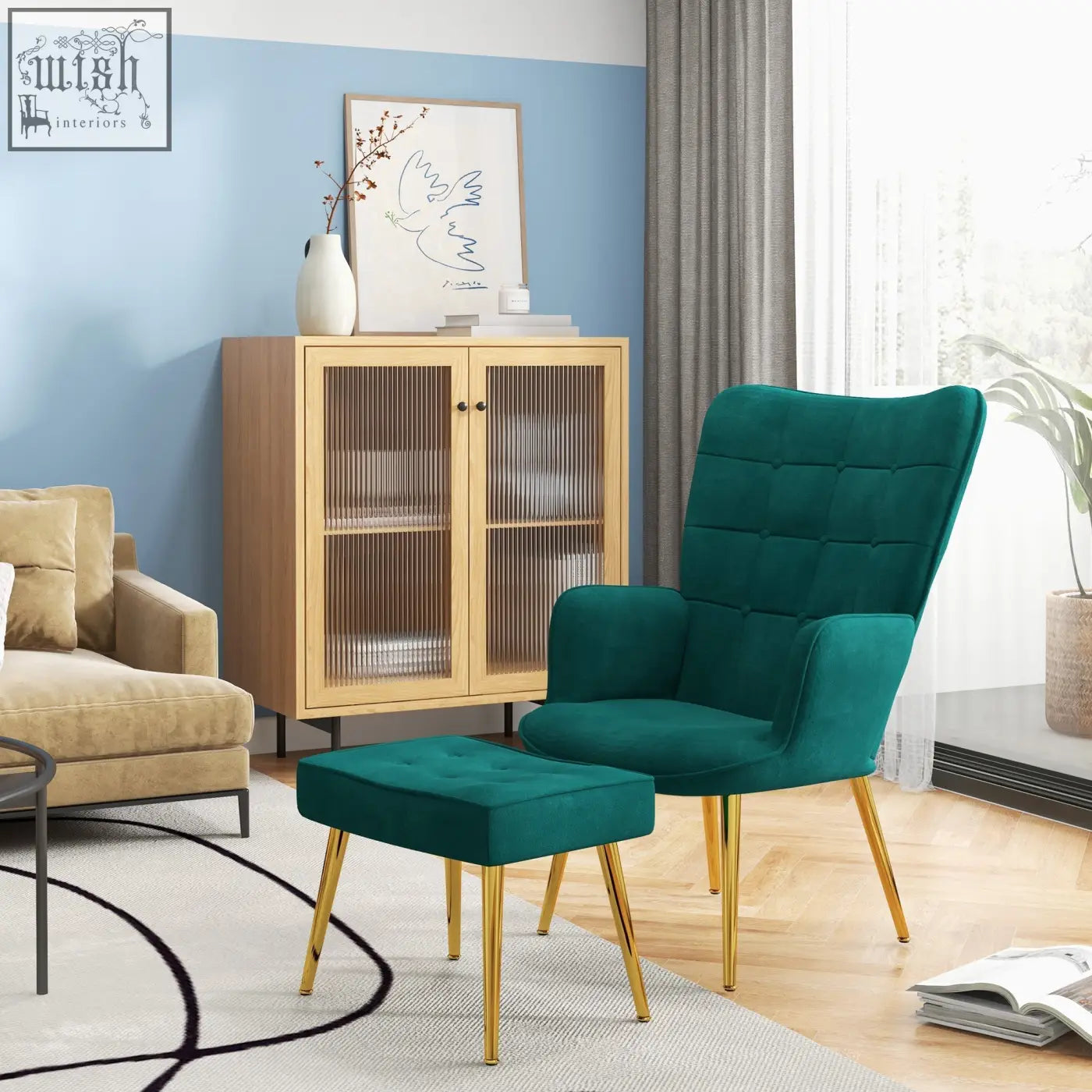 Emerald green velvet armchair with padded seat gold coloured metal legs and matching ottoman for living room use