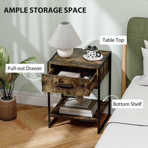Rustic brown bedside table with a pull-out drawer and black metal legs perfect for storage room organization