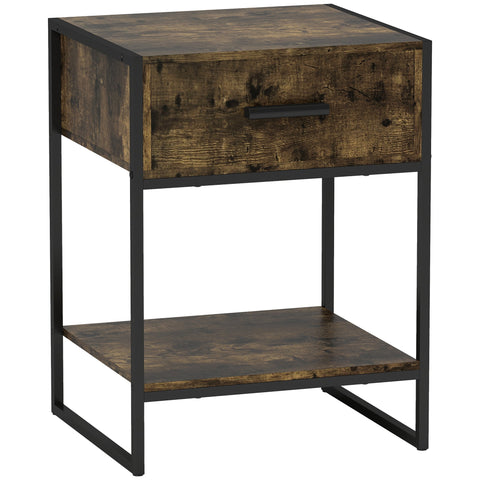 Rustic brown bedside table with black metal frame single drawer and open shelf perfect for storage room use