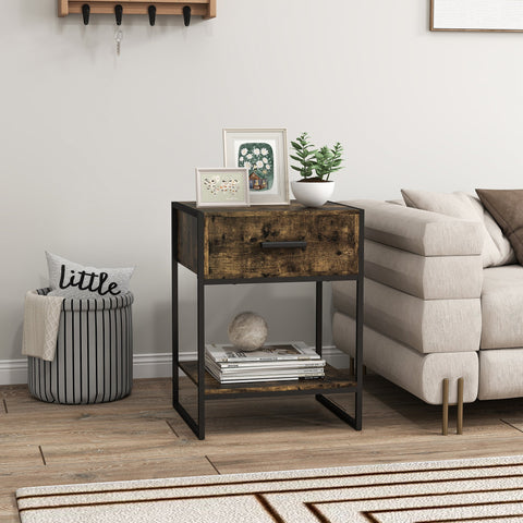 Rustic brown wooden bedside table with single drawer and black metal frame perfect for storage room use