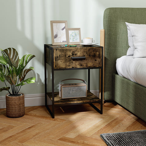 Rustic brown bedside table with black metal frame and drawer handle perfect for a storage room or bedroom setup
