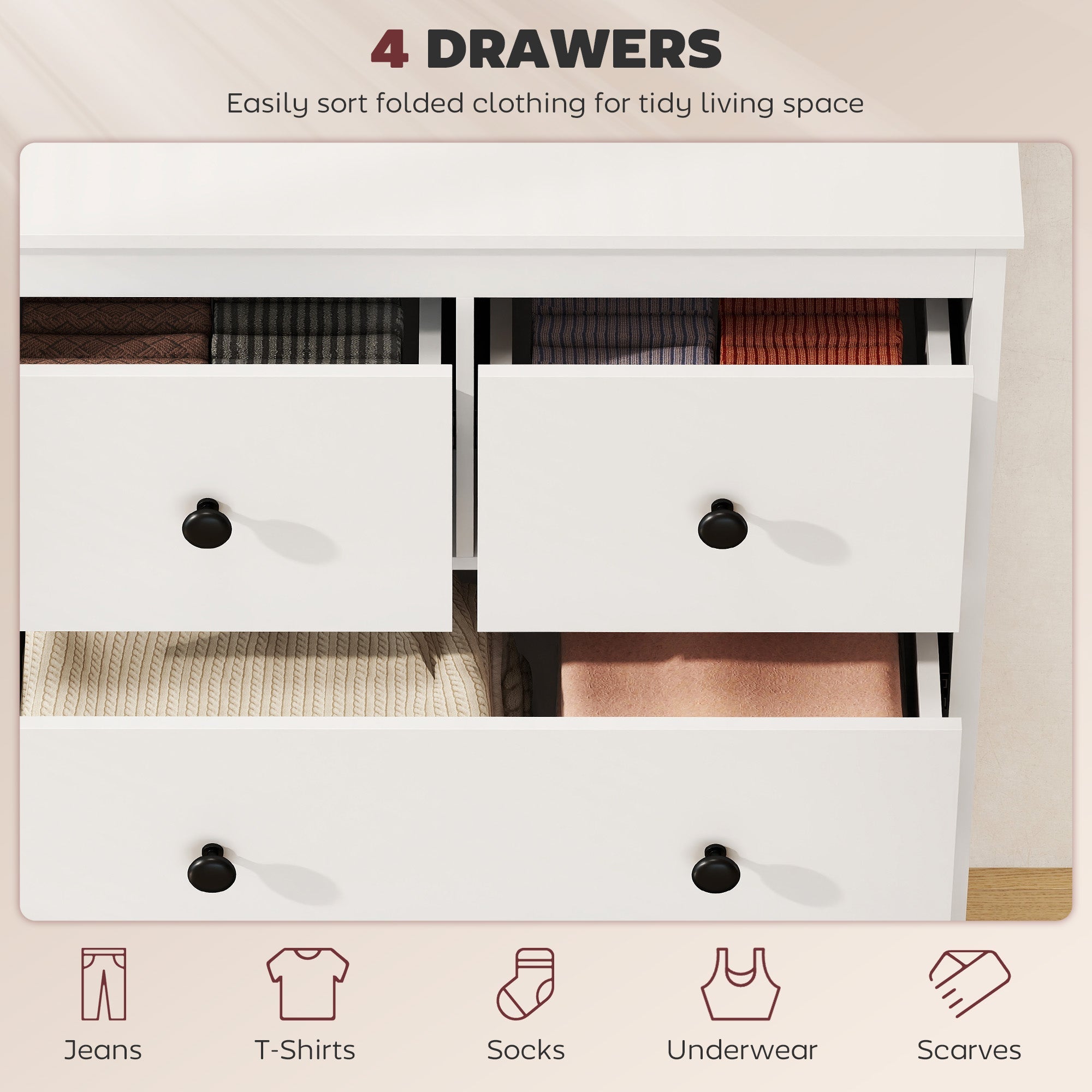 White homcom modern chest of drawers with four drawers and black knobs for organizing clothes in living spaces