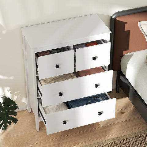 White minimalist homcom modern chest of drawers with black knobs and open drawers showing folded clothes for storage