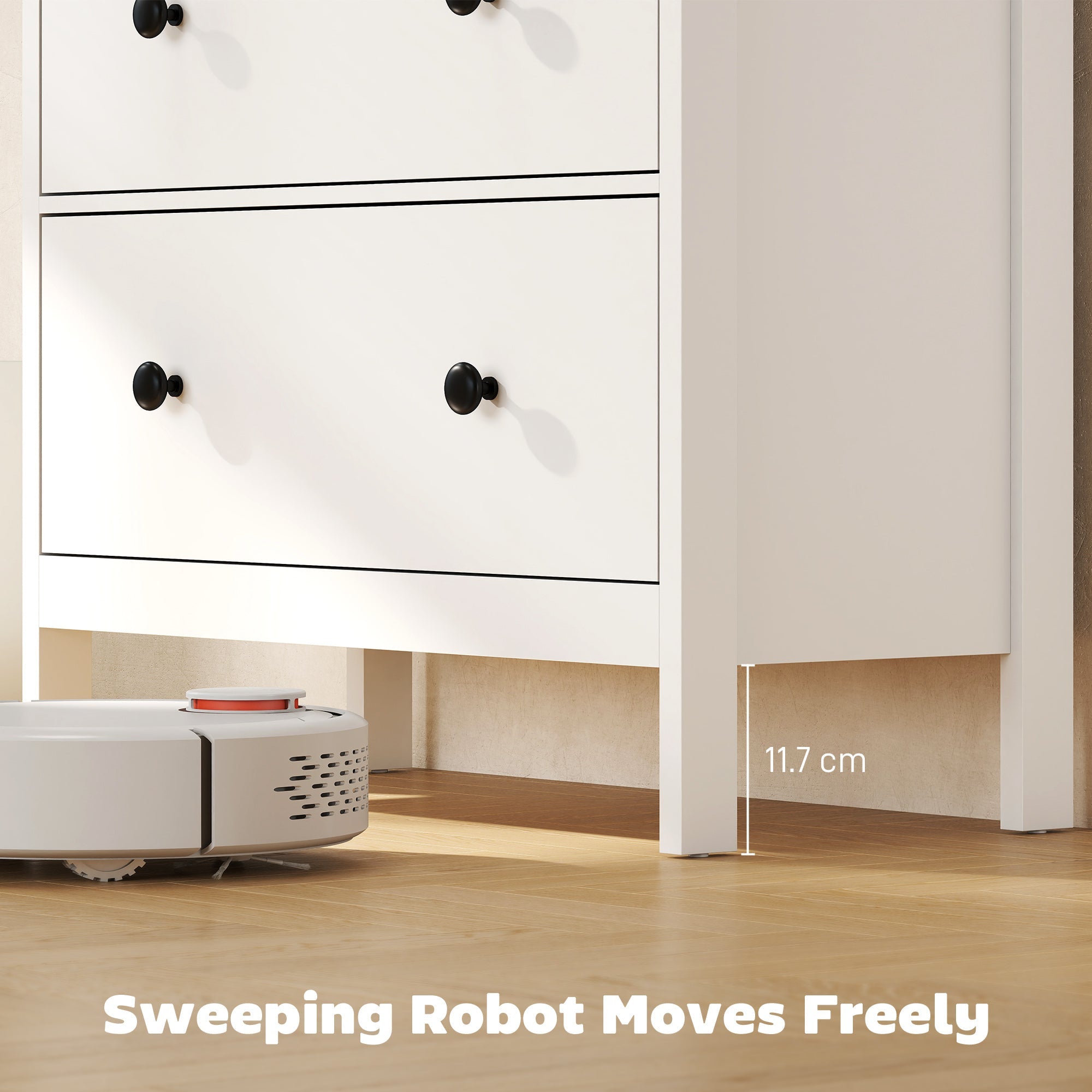 White robotic vacuum cleaner with red top detail and black vents shown next to homcom white 4 drawer dresser for storage