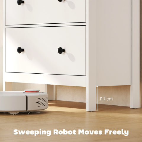 White robotic vacuum cleaner with red top detail and black vents shown next to homcom white 4 drawer dresser for storage