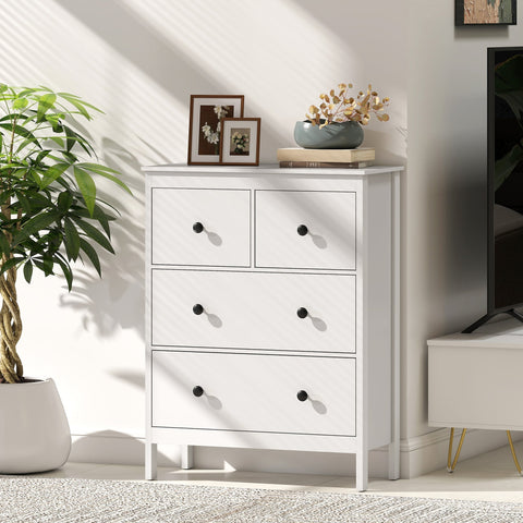 White wooden dresser with three drawers and black round knobs modern chest of drawers for bedroom storage