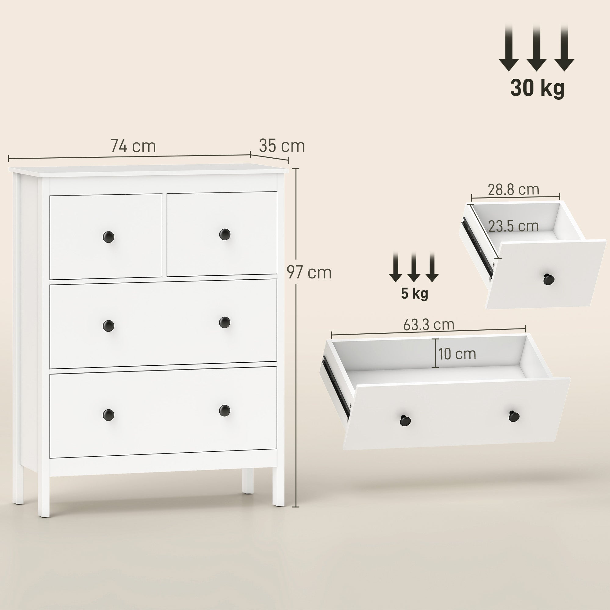 White HOMCOM modern chest of drawers with three black round knobs featuring a sleek minimalist design for storage
