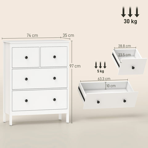 White HOMCOM modern chest of drawers with three black round knobs featuring a sleek minimalist design for storage