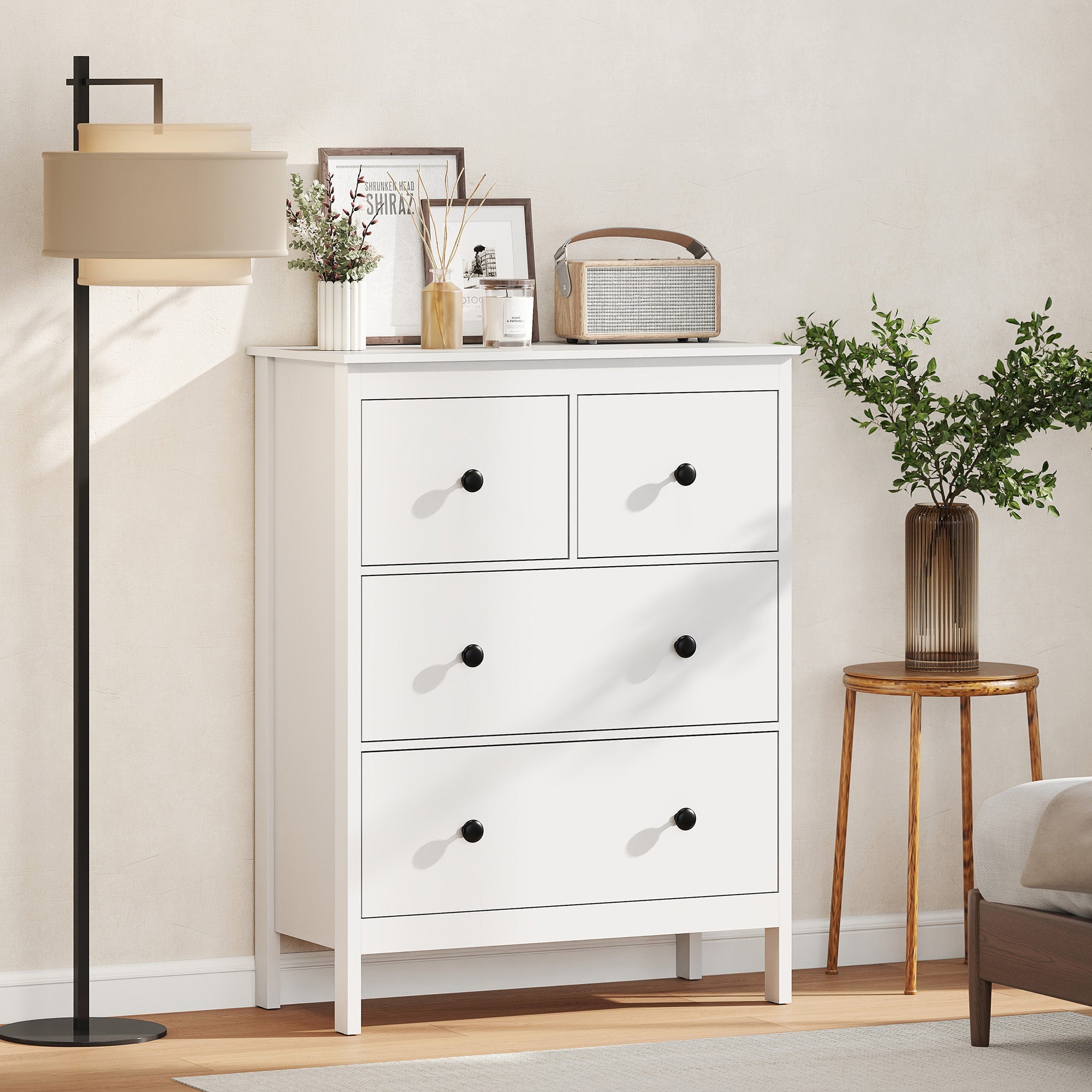 White homcom modern chest of drawers with four black round knobs for clothes storage in living room or hallway