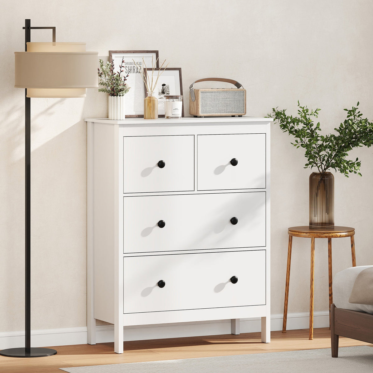 White homcom modern chest of drawers with four black round knobs for clothes storage in living room or hallway