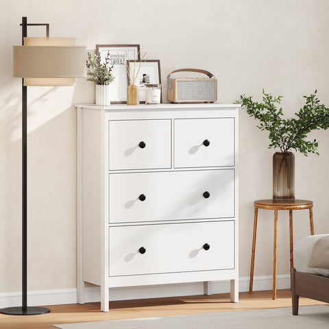 White homcom modern chest of drawers with four black round knobs for clothes storage in living room or hallway