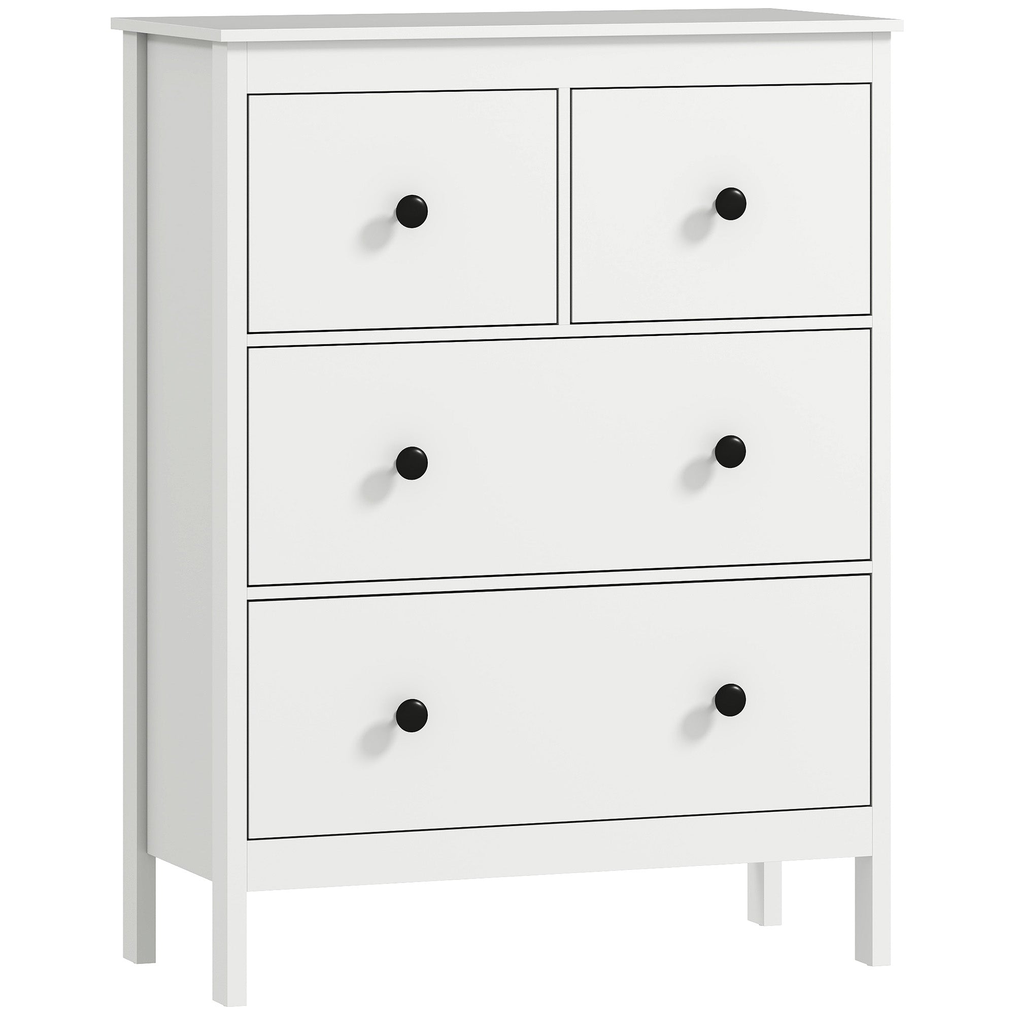 White wooden homcom modern chest of drawers with four drawers and black knobs for living room storage organizer