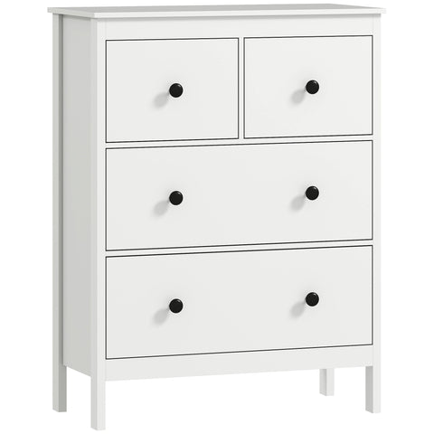 White wooden homcom modern chest of drawers with four drawers and black knobs for living room storage organizer