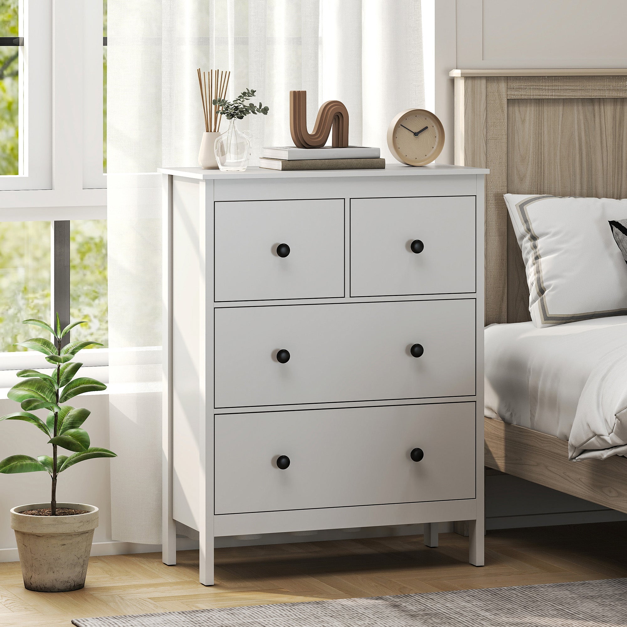 White homcom modern chest of drawers with four drawers and black round knobs perfect for living room storage