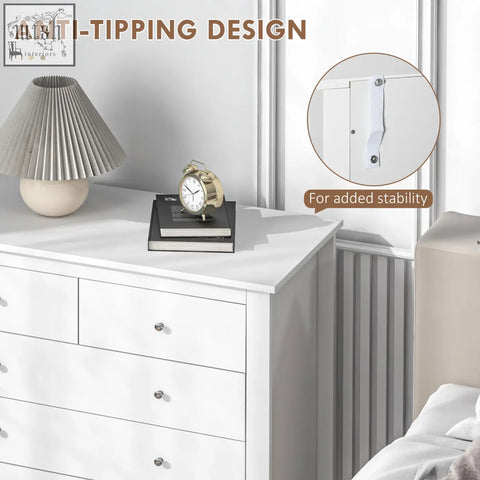White particle board dresser with silver knobs, anti-tipping design, three large drawers for bedroom storage