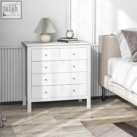 Homcom modern white chest of drawers with particle board blend and four drawers with silver round knobs for bedroom storage
