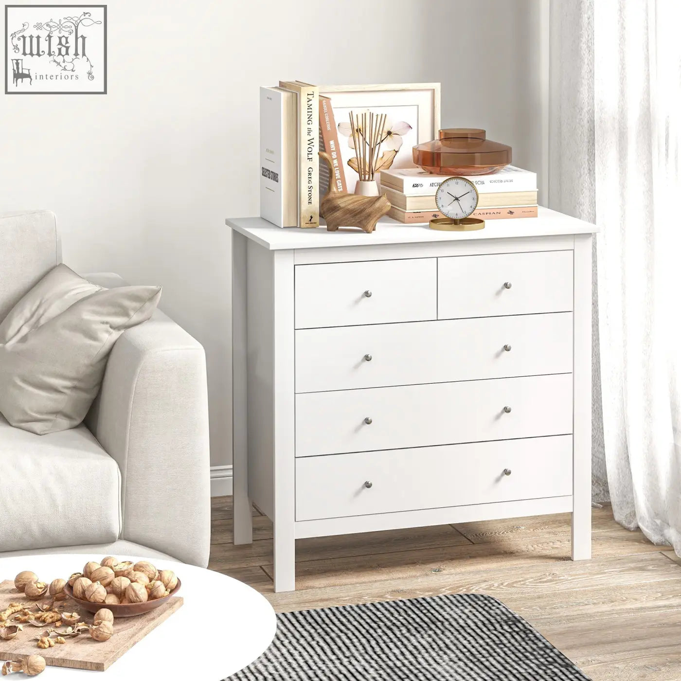 White particle board blend dresser with four drawers and silver knobs for bedroom storage by HOMCOM