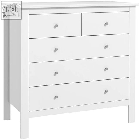 Homcom modern white dresser with five particle board drawers and silver metal handles for bedroom storage
