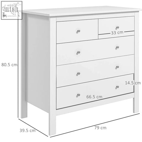 White wooden dresser with five drawers including two small side by side on top made of particle board blend