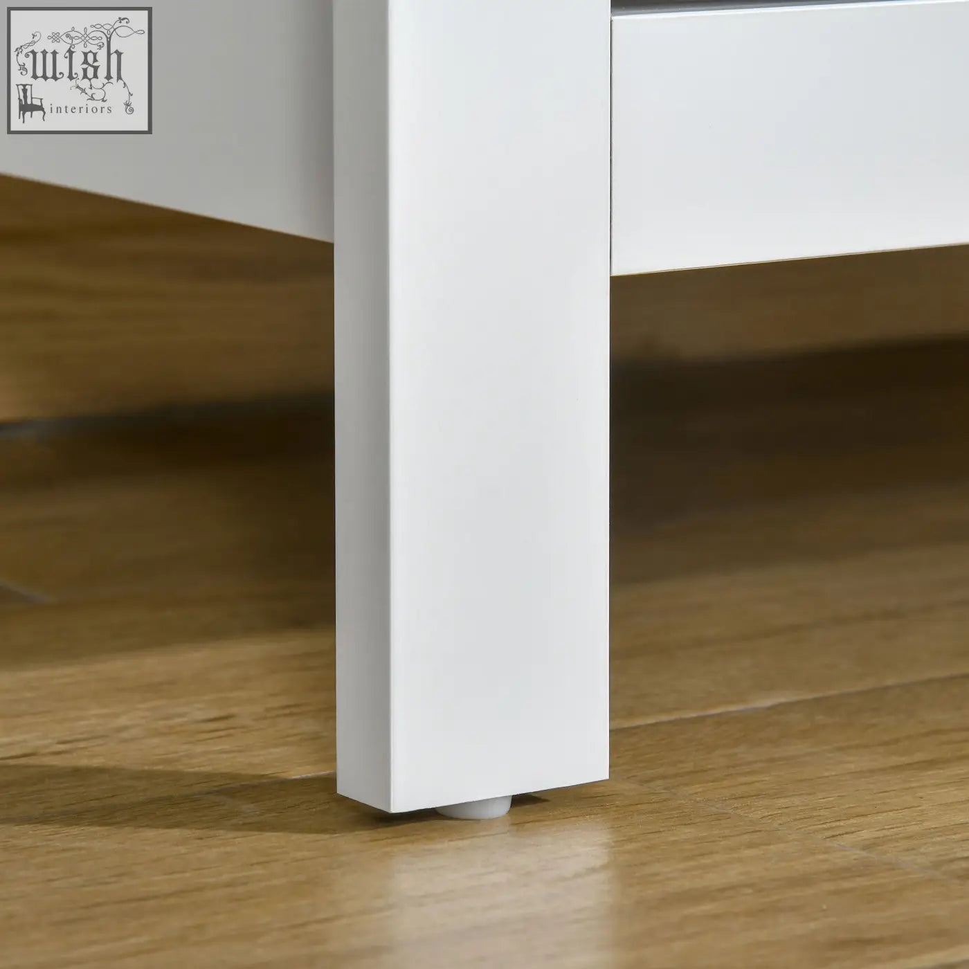White rectangular furniture leg with rounded plastic cap on particle board blend homcom chest of drawers with three large drawers