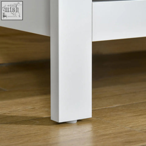 White rectangular furniture leg with rounded plastic cap on particle board blend homcom chest of drawers with three large drawers