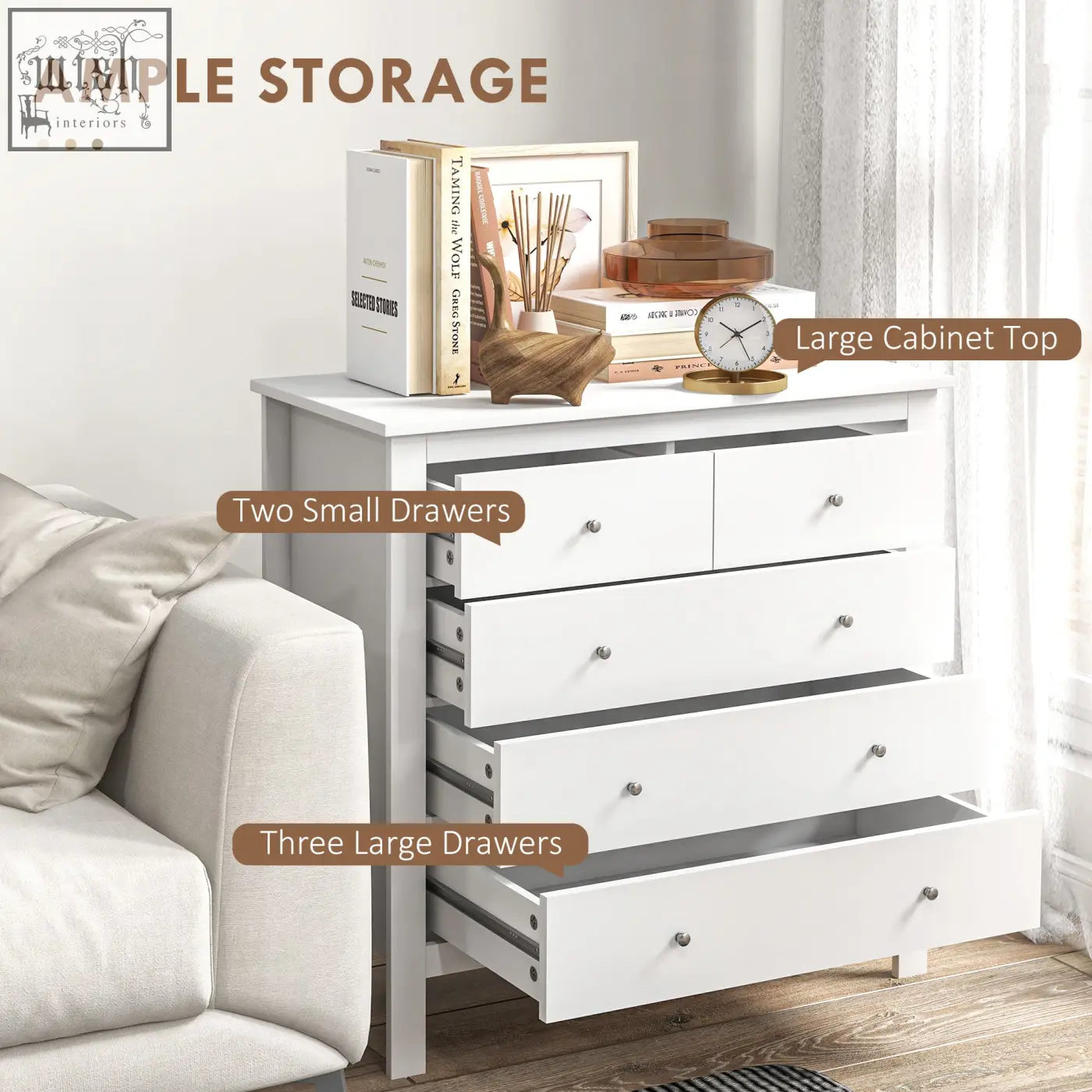 Homcom modern chest of drawers in white particle board blend with two small and three large drawers and metal handles
