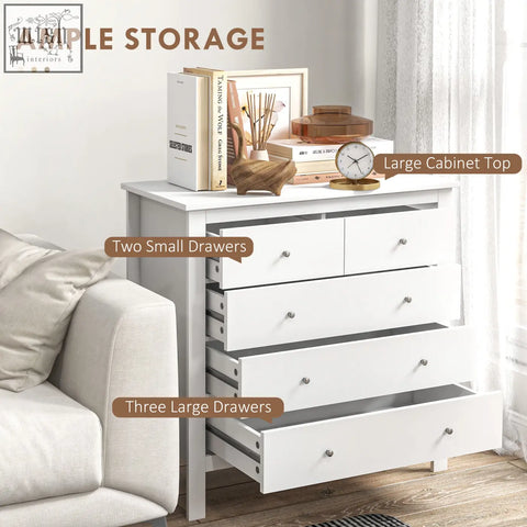 Homcom modern chest of drawers in white particle board blend with two small and three large drawers and metal handles