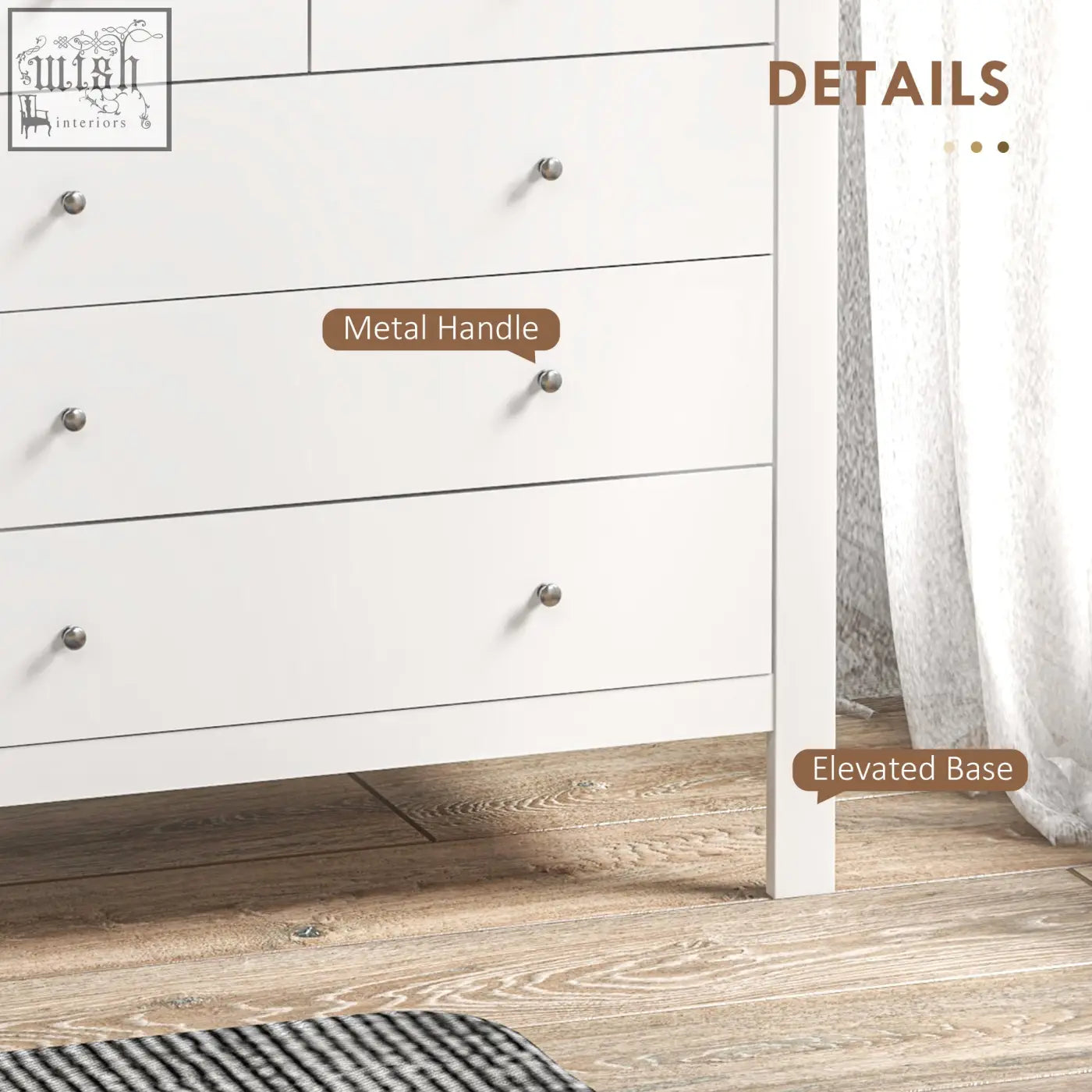 White dresser with sleek metal handles and elevated base made of particle board blend for bedroom storage