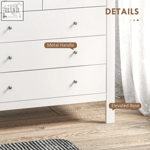 White dresser with sleek metal handles and elevated base made of particle board blend for bedroom storage