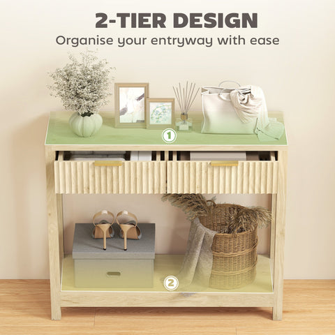Homcom modern light wood console table with green top and fluted panel drawers for entryway or living room