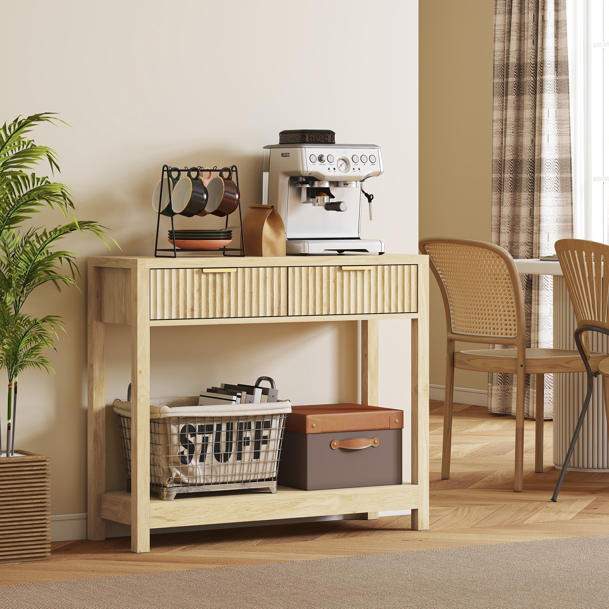 Light wood console table with fluted panel drawers and lower shelf for entryway or living room storage