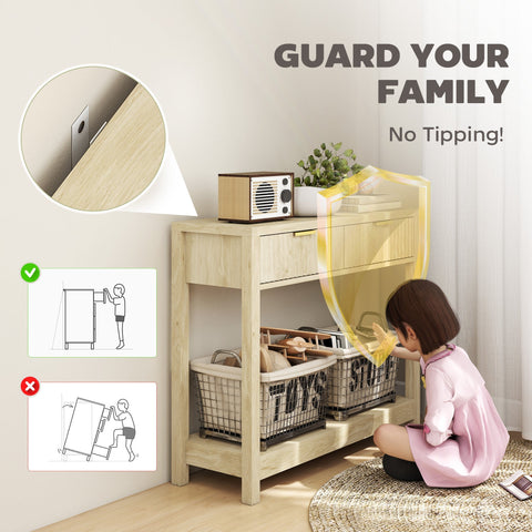 Light wood console table with fluted panel drawers and wire mesh baskets for entryway organization
