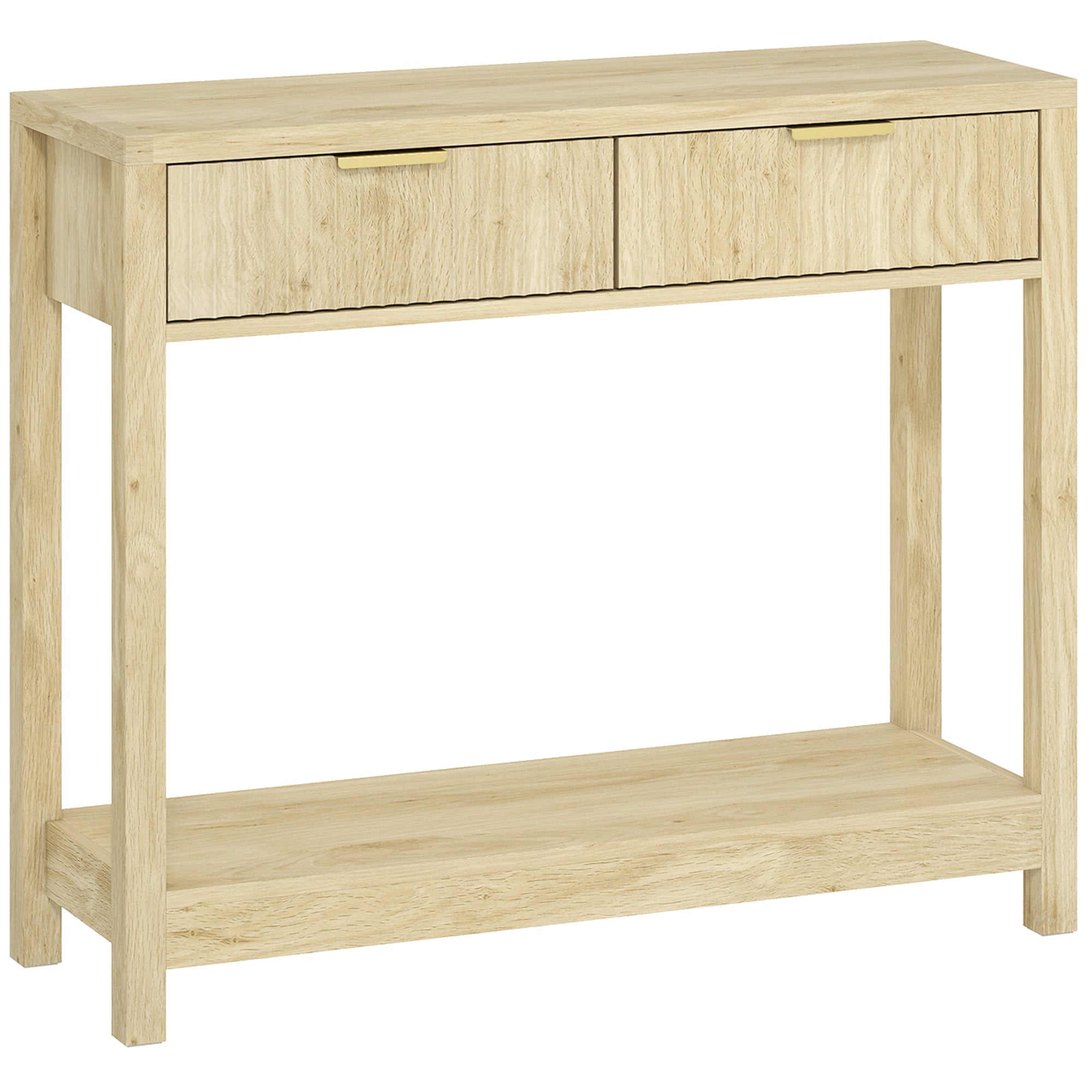 Light oak console table with fluted panel drawers and lower shelf perfect for entryway or living room use