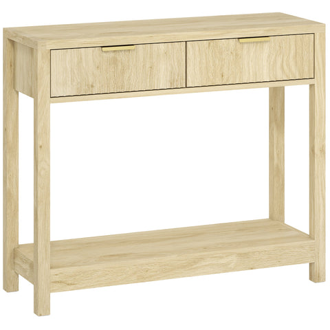 Light oak console table with fluted panel drawers and lower shelf perfect for entryway or living room use