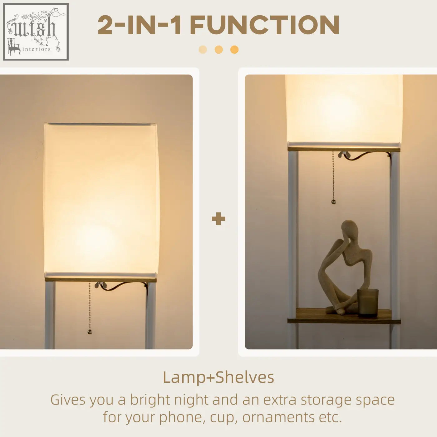 Modern minimalist floor lamp with fabric shade pull chain and 3 integrated shelves white 26l x 26w metal frame