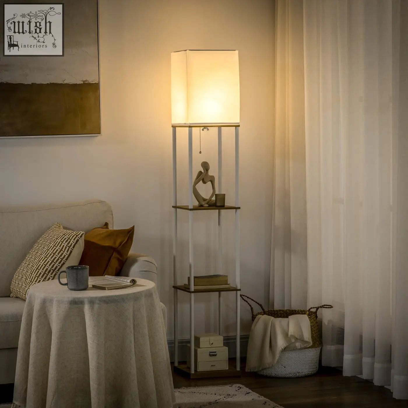 Modern white floor lamp with pull chain switch and 3 tiered metal shelves 26l x 26w for living room or bedroom