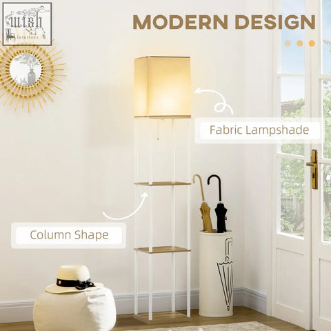 Modern floor lamp with pull chain white metal frame beige fabric shade and three wooden shelves 26l x 26w
