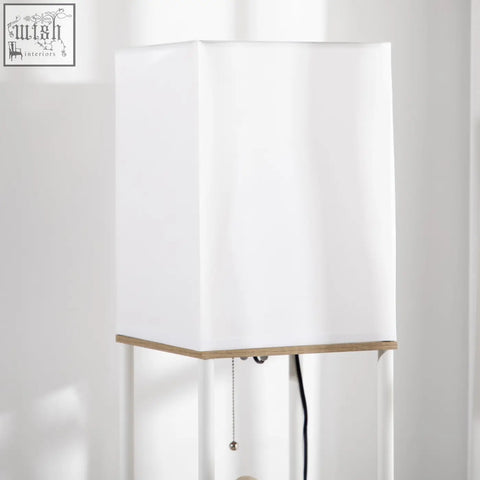 White rectangular fabric lampshade with light wood trim on homcom modern floor lamp with pull chain 26l x 26w