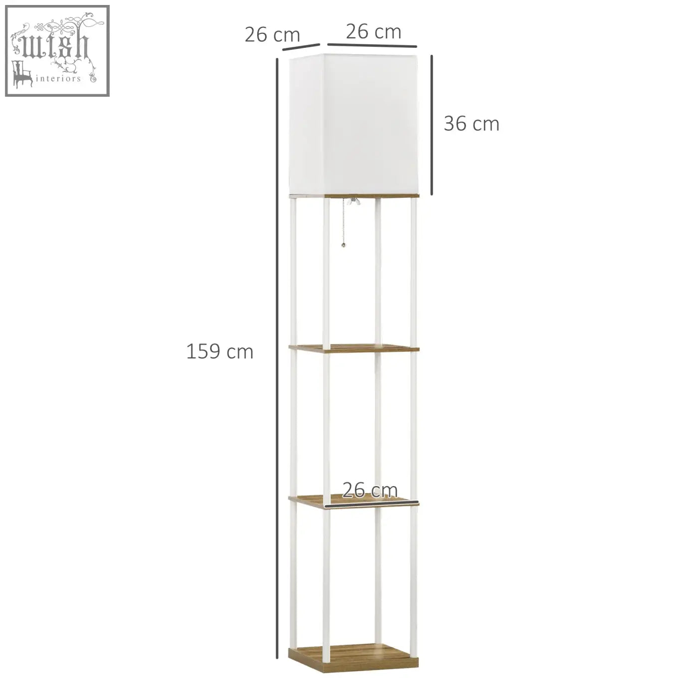 Homcom modern floor lamp with white fabric shade wood-toned shelves pull chain switch 26l x 26w minimalist design