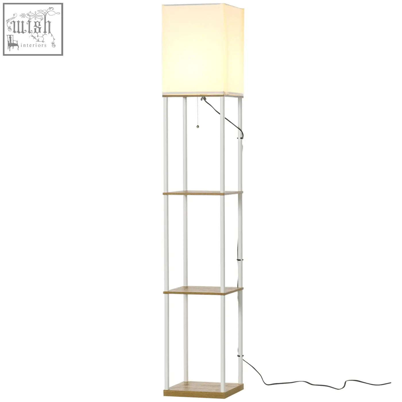 Modern floor lamp with pull chain featuring a cream fabric shade and three wooden shelves on white metal frame 26l x 26w