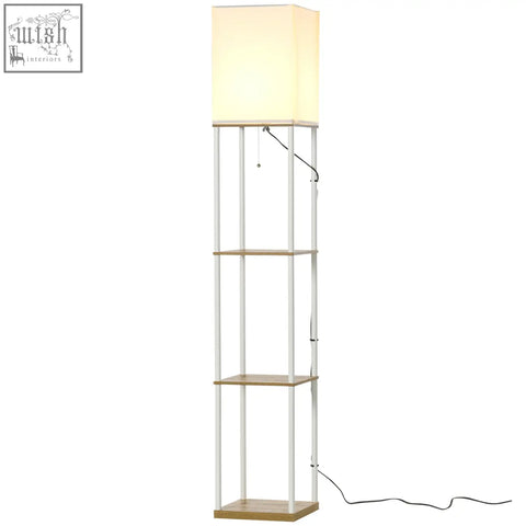 Modern floor lamp with pull chain featuring a cream fabric shade and three wooden shelves on white metal frame 26l x 26w