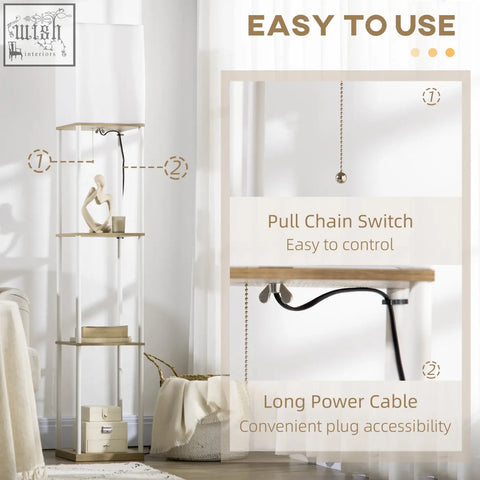 Homcom modern floor lamp with pull chain featuring white fabric shade and 3 transparent glass shelves 26l x 26w
