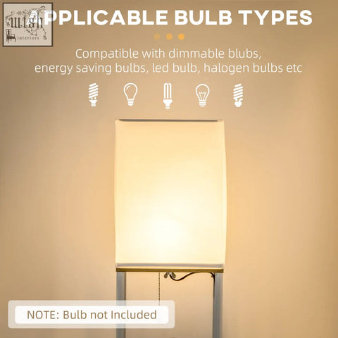 Modern floor lamp with pull chain switch and white fabric shade on sleek metallic frame 26l x 26w