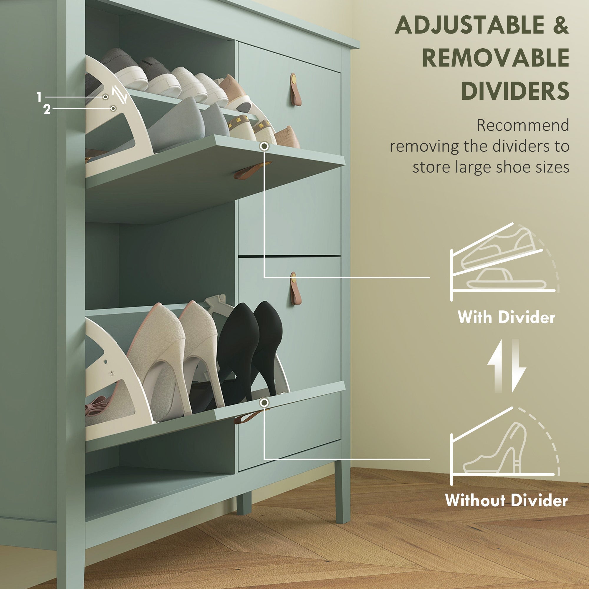Light blue shoe cabinet with four flip drawers and adjustable white plastic dividers from homcom modern series