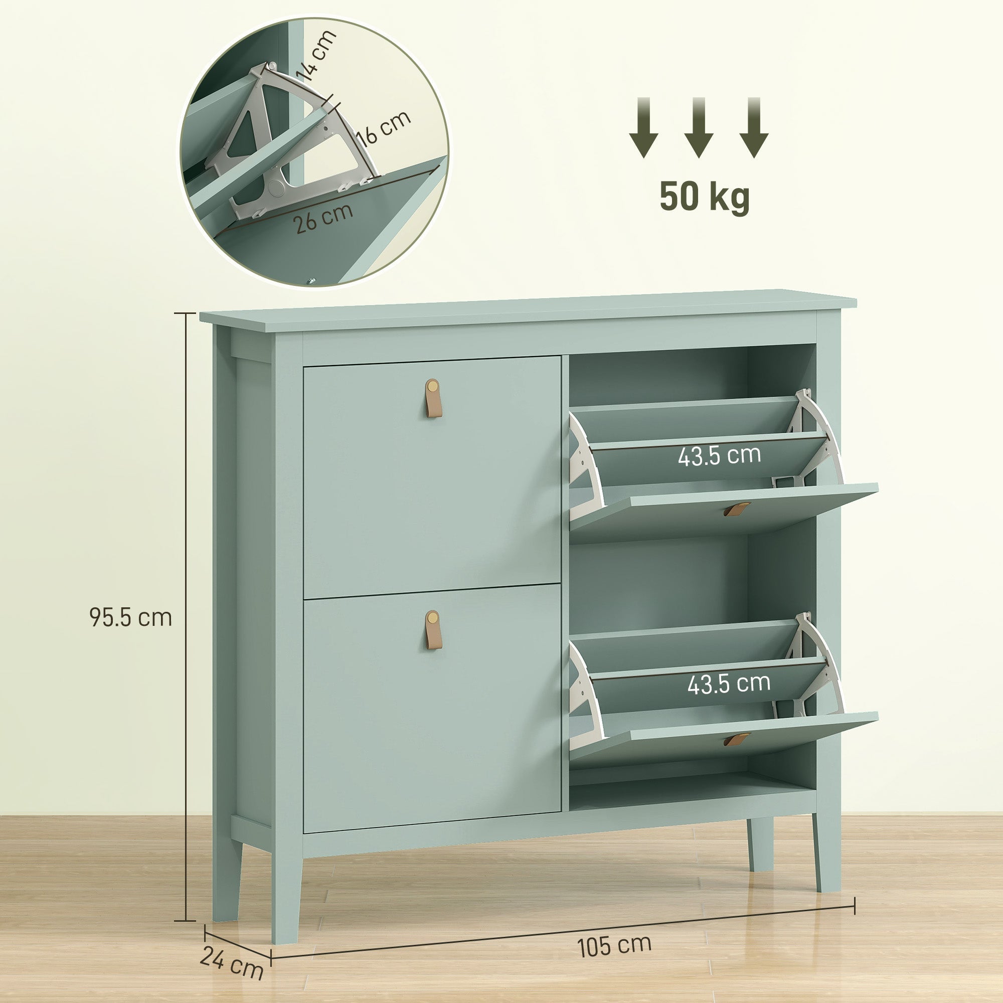 Green wooden shoe cabinet with two drawers and three pull-out shelves from homcom modern four flip design